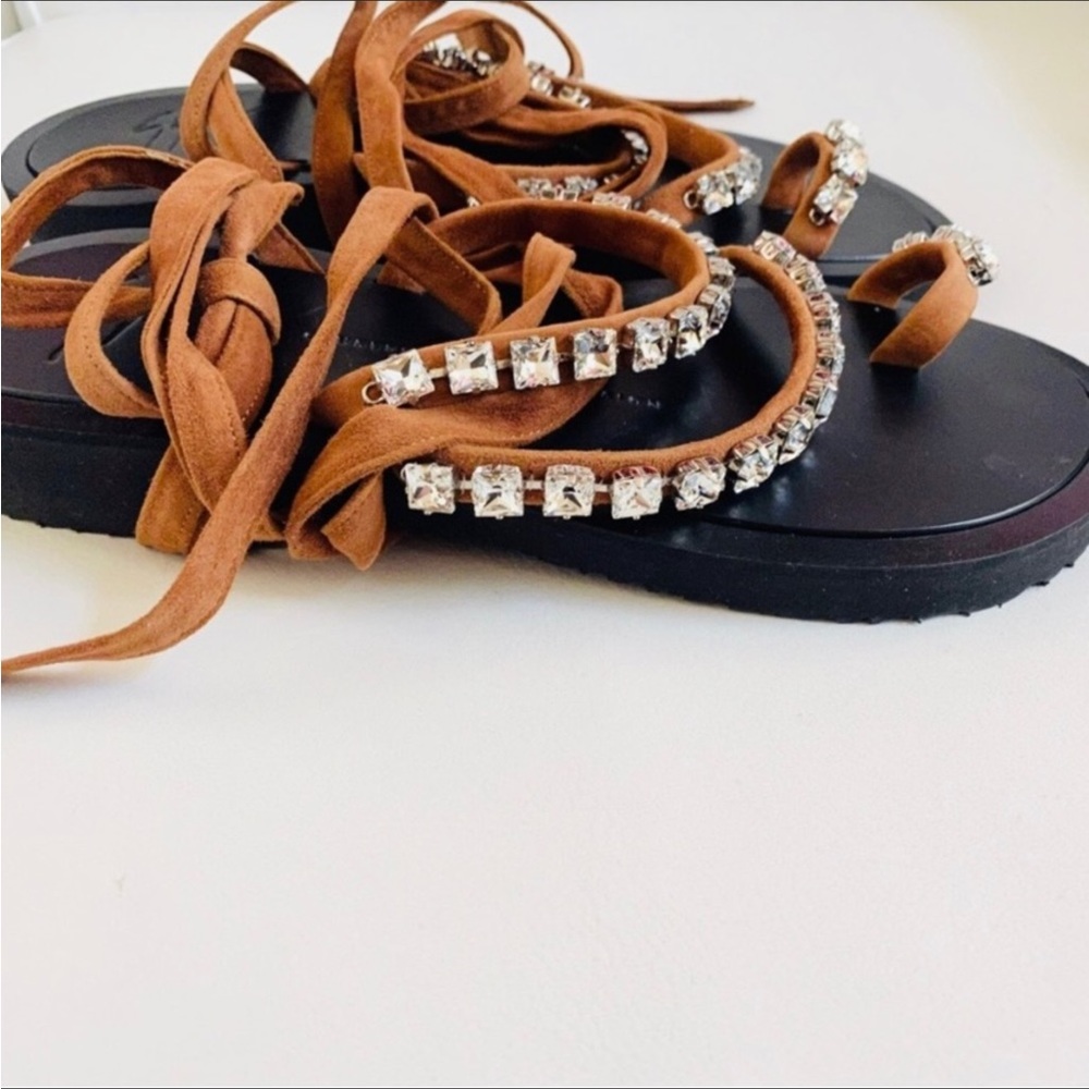 Giuseppe Zanotti Brown Suede Crystals Ankle Wrap Strap Suede Sandals 6 - Picture 5 of 9